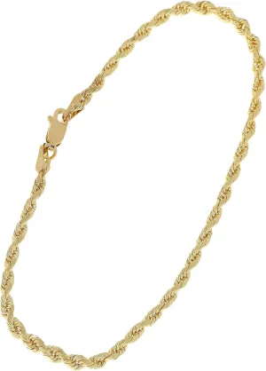 14 Karat Yellow Gold Diamond Cut Rope Chain Anklet Ankle Bracelet 1.5mm 10"