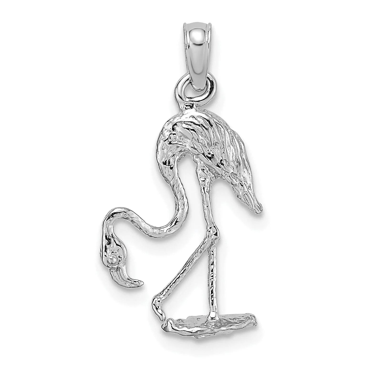 14K White Golod Polished Textured Finish 3-Dimensional Flamingo Standing Charm Pendant