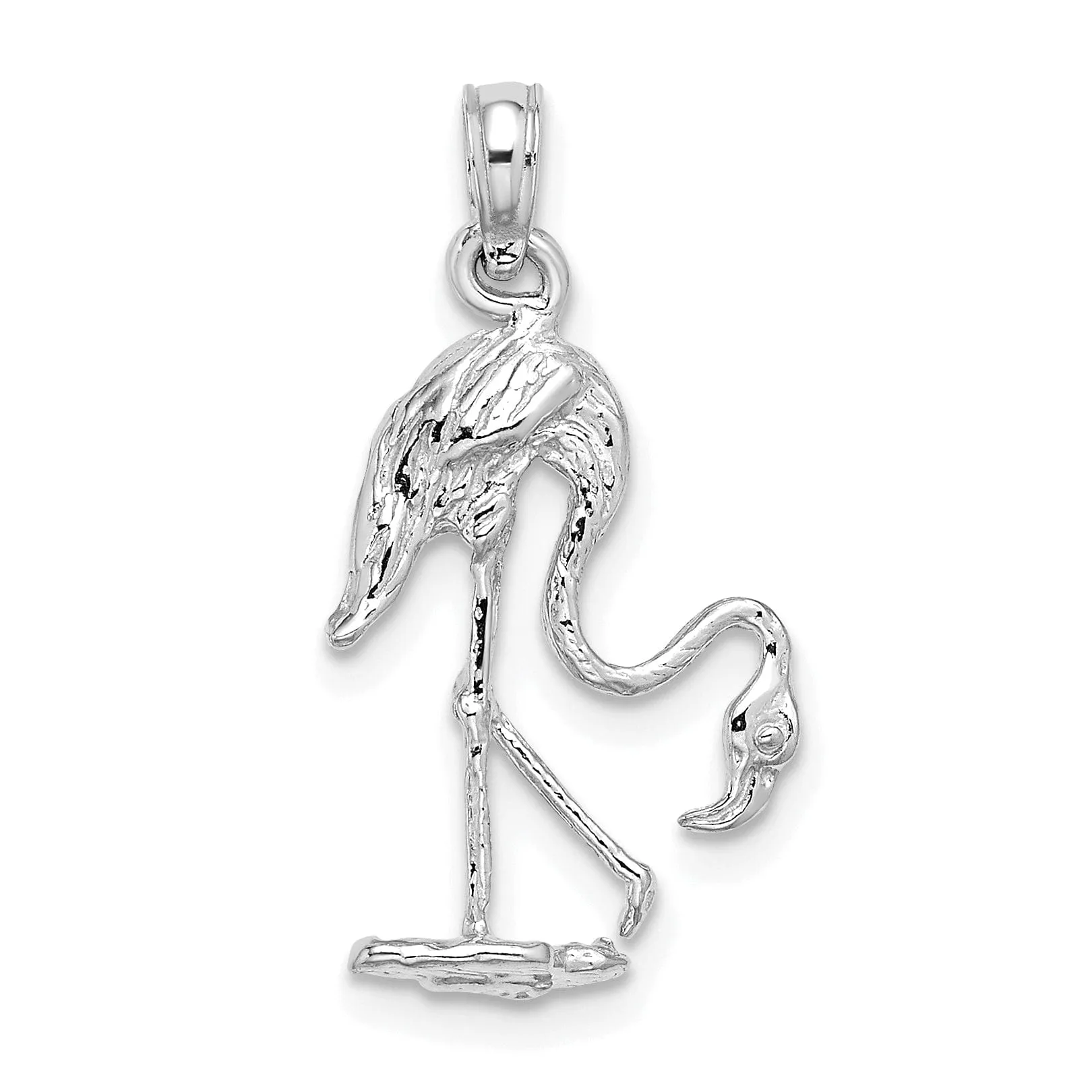 14K White Golod Polished Textured Finish 3-Dimensional Flamingo Standing Charm Pendant