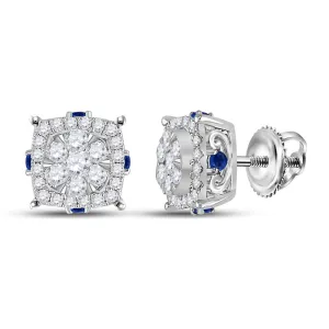 14kt White Gold Diamond and Blue Sapphire Cluster Earrings - Radiant Sparkle and Vibrant Hues