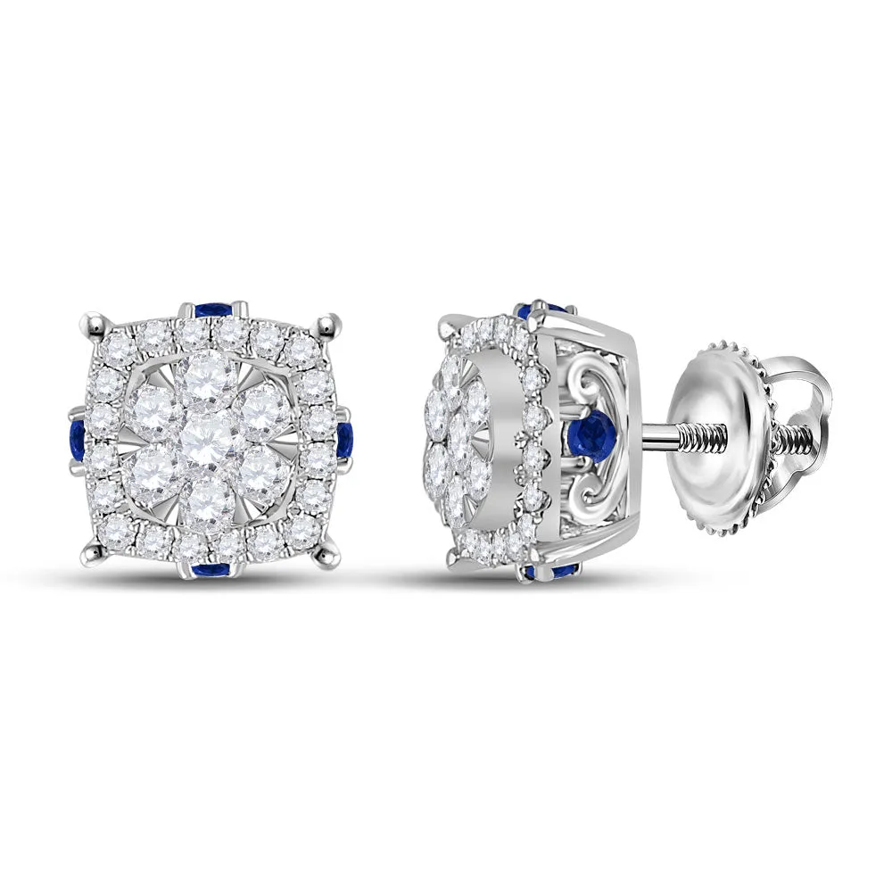 14kt White Gold Diamond and Blue Sapphire Cluster Earrings - Radiant Sparkle and Vibrant Hues
