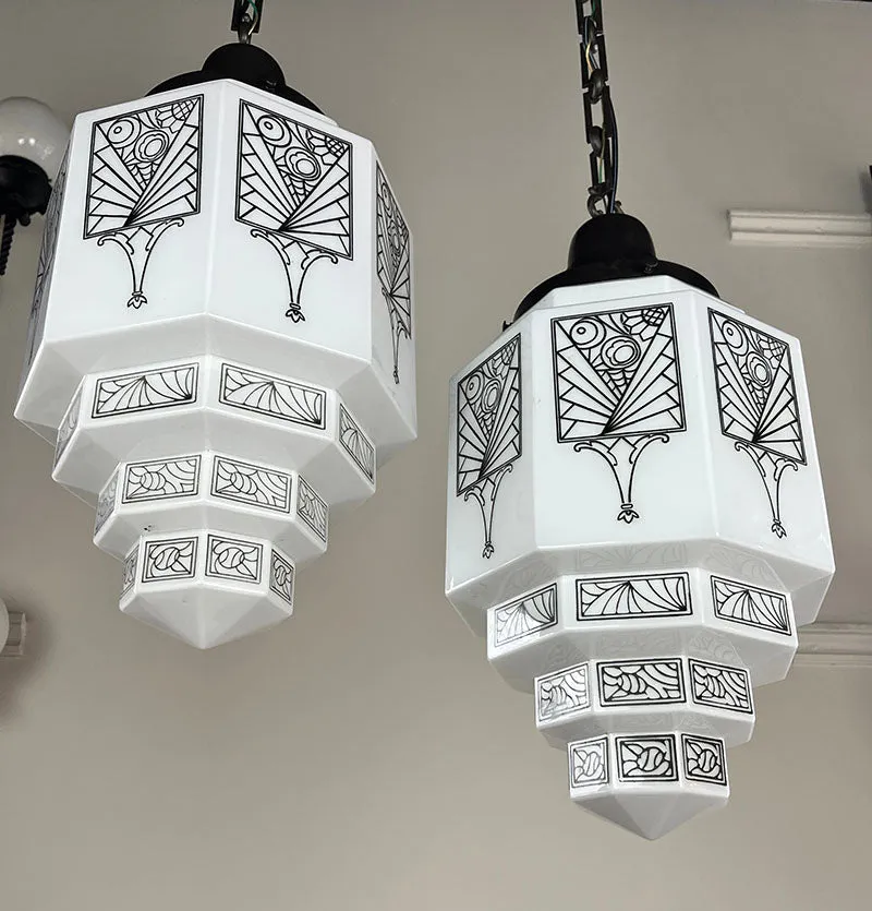 $1800 PAIR - Stunning Pair of Antique Circa 1930 Art Deco Skyscraper Black and White Stencil Etched Pendants