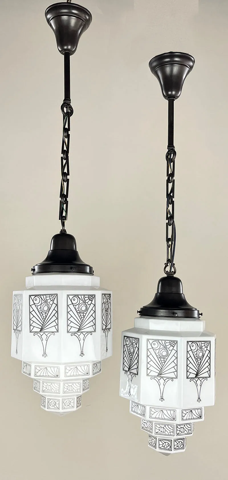 $1800 PAIR - Stunning Pair of Antique Circa 1930 Art Deco Skyscraper Black and White Stencil Etched Pendants