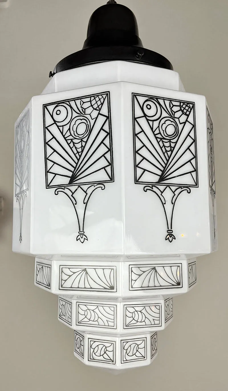 $1800 PAIR - Stunning Pair of Antique Circa 1930 Art Deco Skyscraper Black and White Stencil Etched Pendants