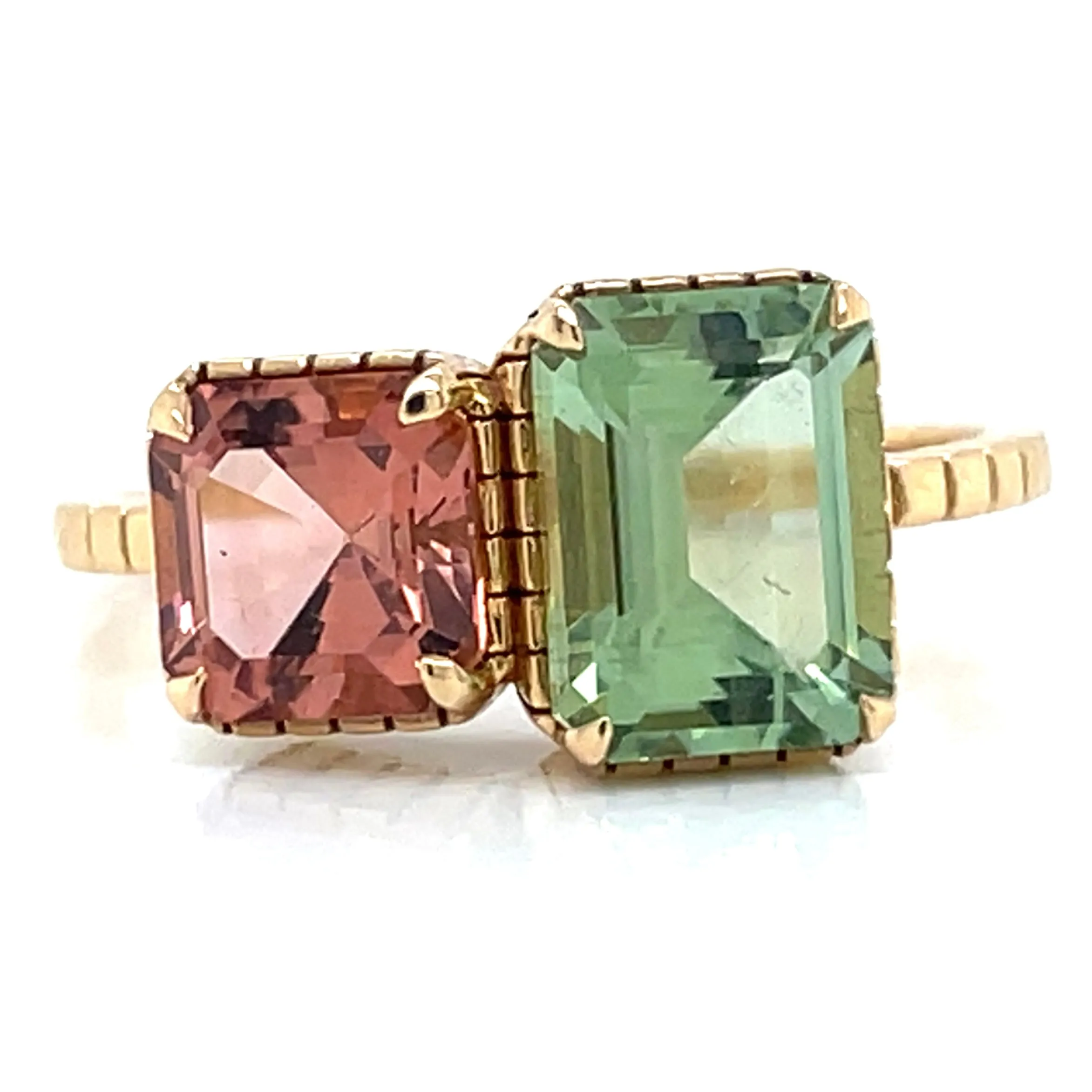 18ct Yellow Gold Earth Grown 2.60ct Green & Pink Tourmaline Duo Ring