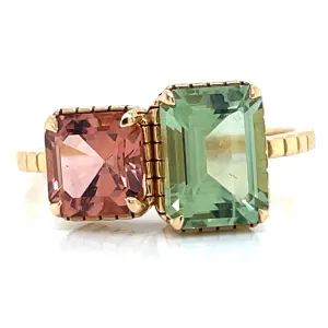 18ct Yellow Gold Earth Grown 2.60ct Green & Pink Tourmaline Duo Ring