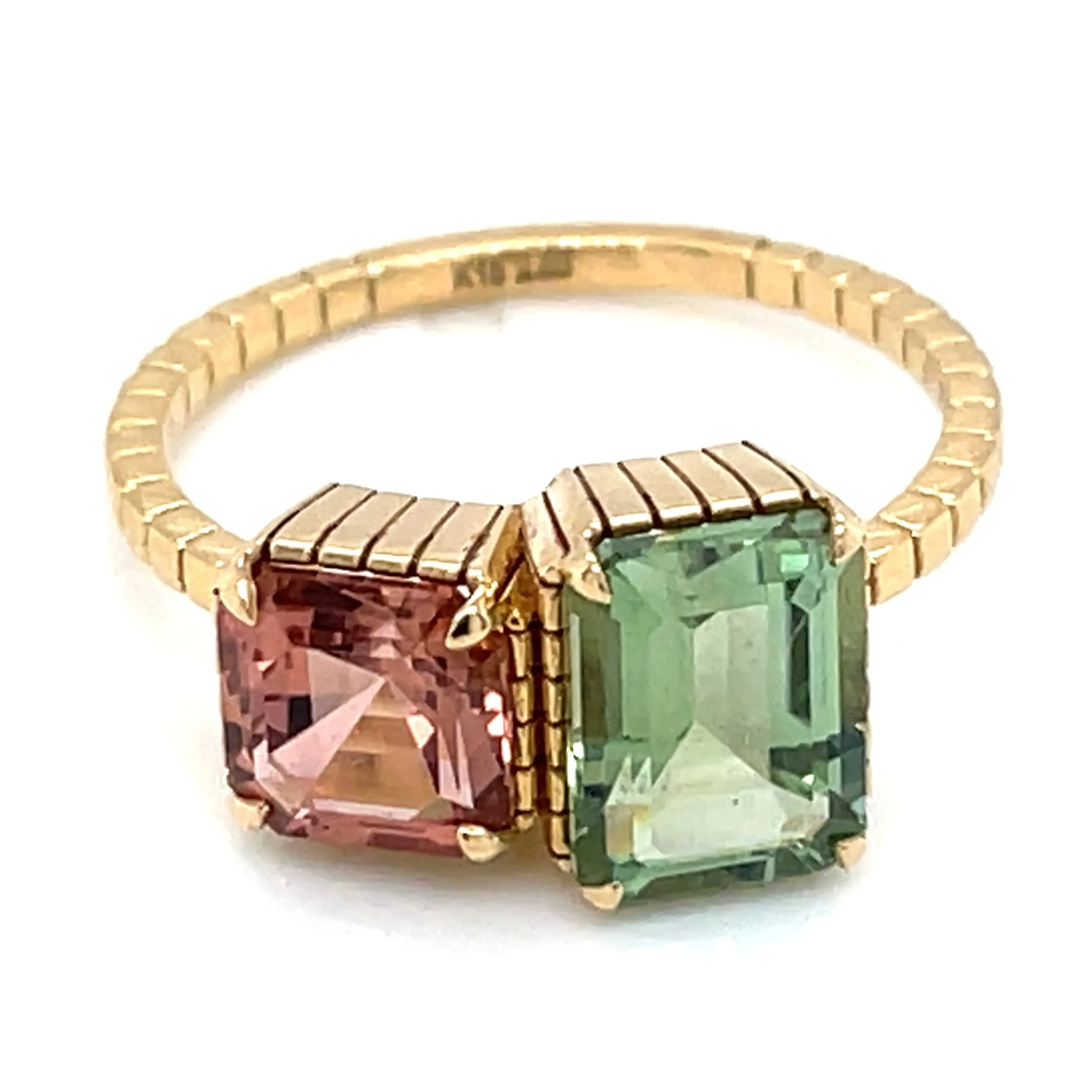 18ct Yellow Gold Earth Grown 2.60ct Green & Pink Tourmaline Duo Ring