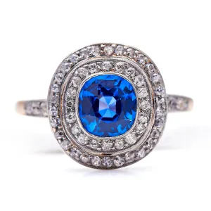 18ct yellow gold, montana sapphire and diamond cluster ring