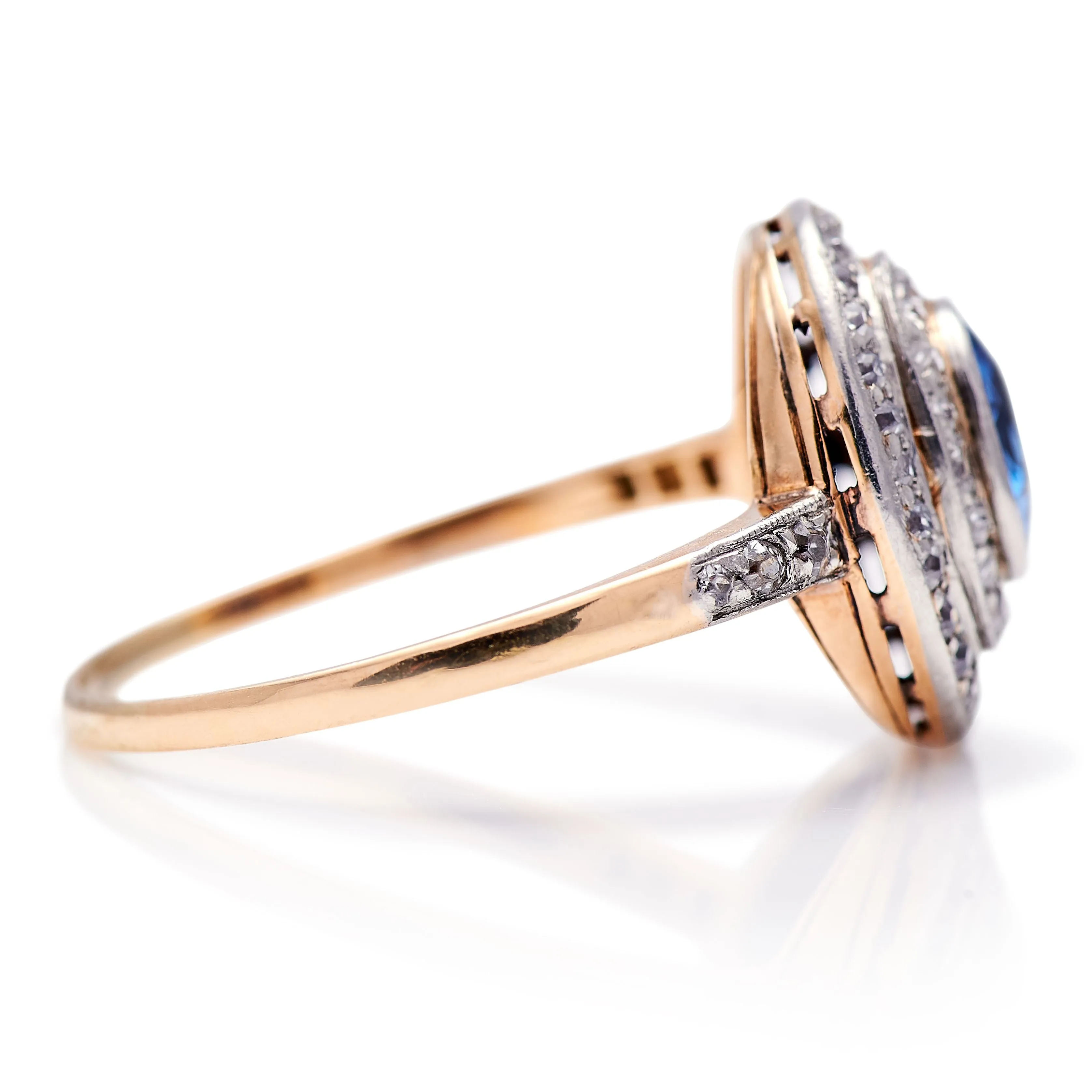 18ct yellow gold, montana sapphire and diamond cluster ring