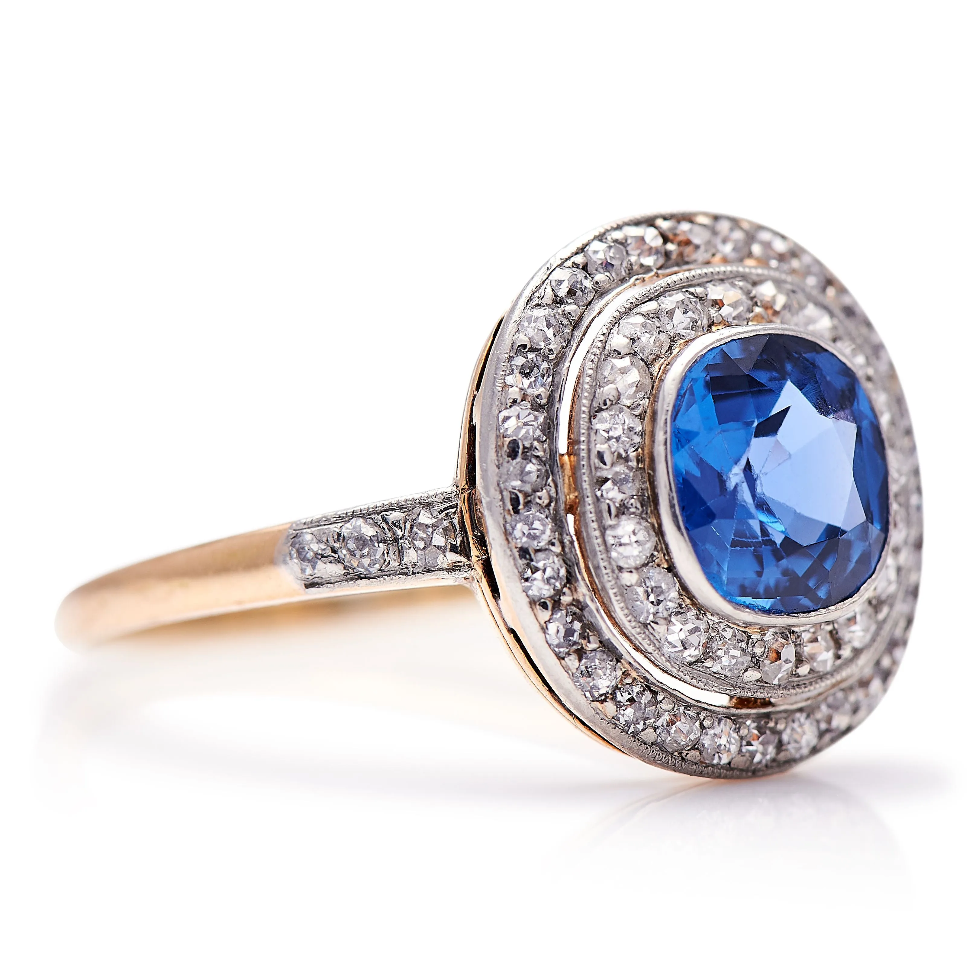 18ct yellow gold, montana sapphire and diamond cluster ring