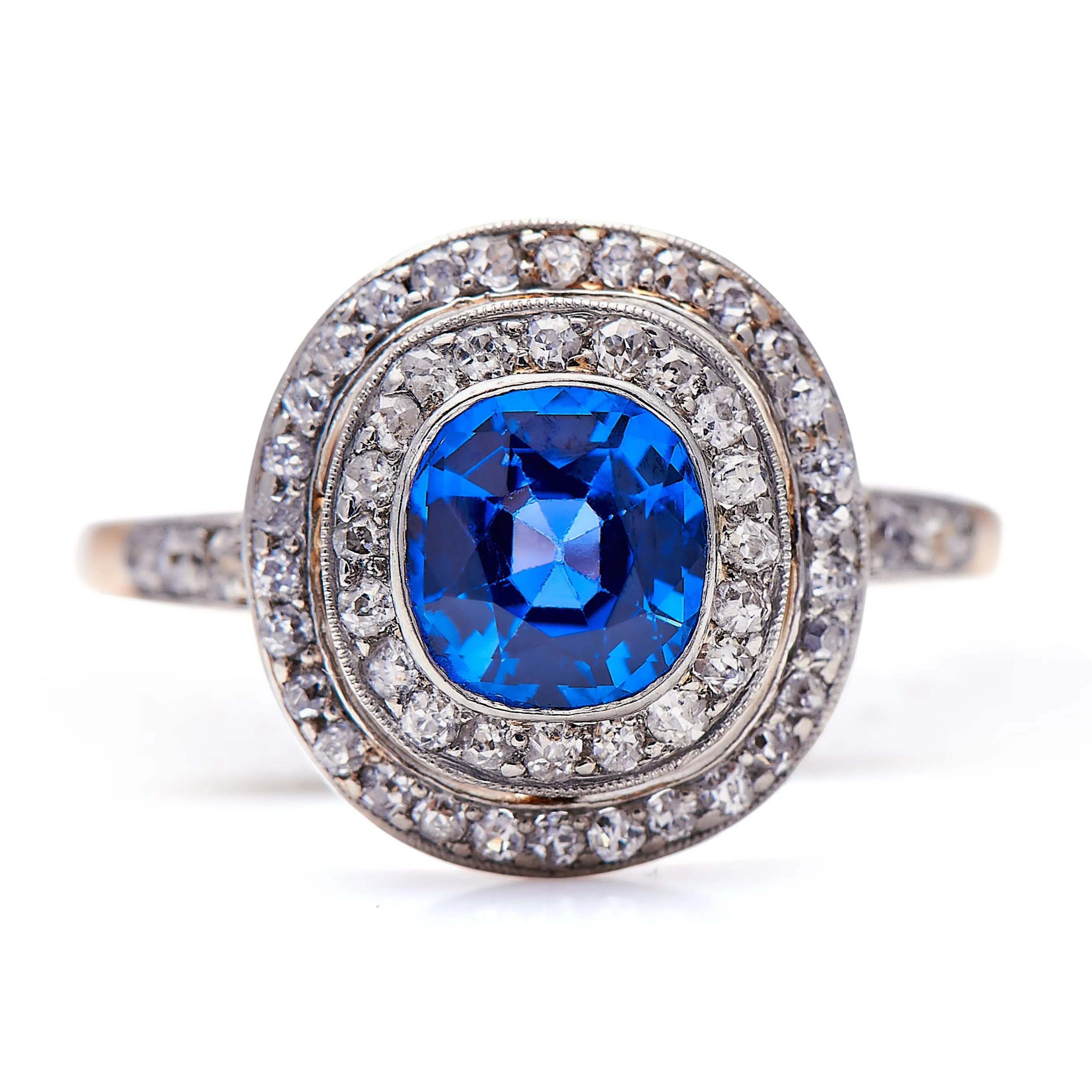 18ct yellow gold, montana sapphire and diamond cluster ring
