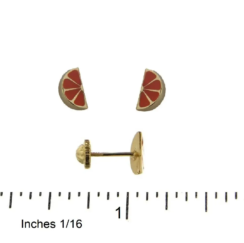18K Solid Yellow Gold Orange Enamel Screw back Earrings