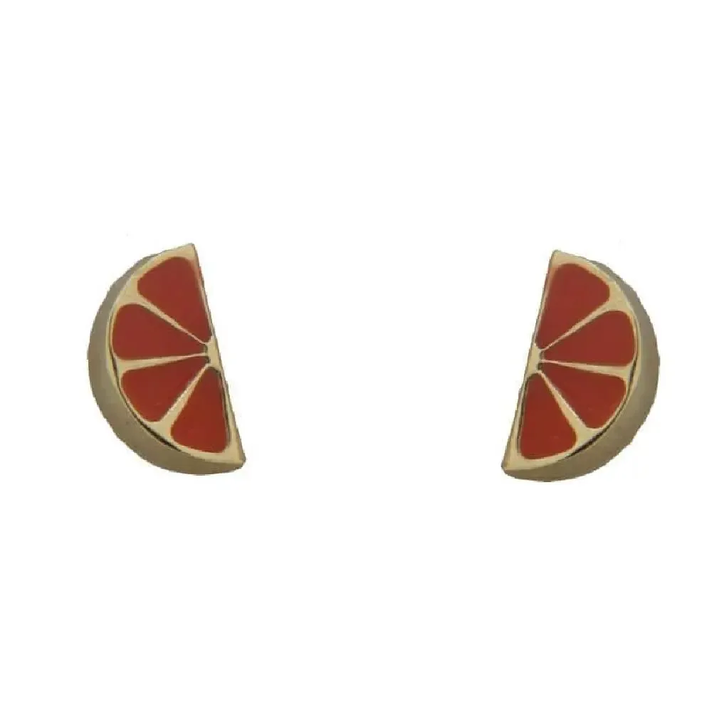 18K Solid Yellow Gold Orange Enamel Screw back Earrings