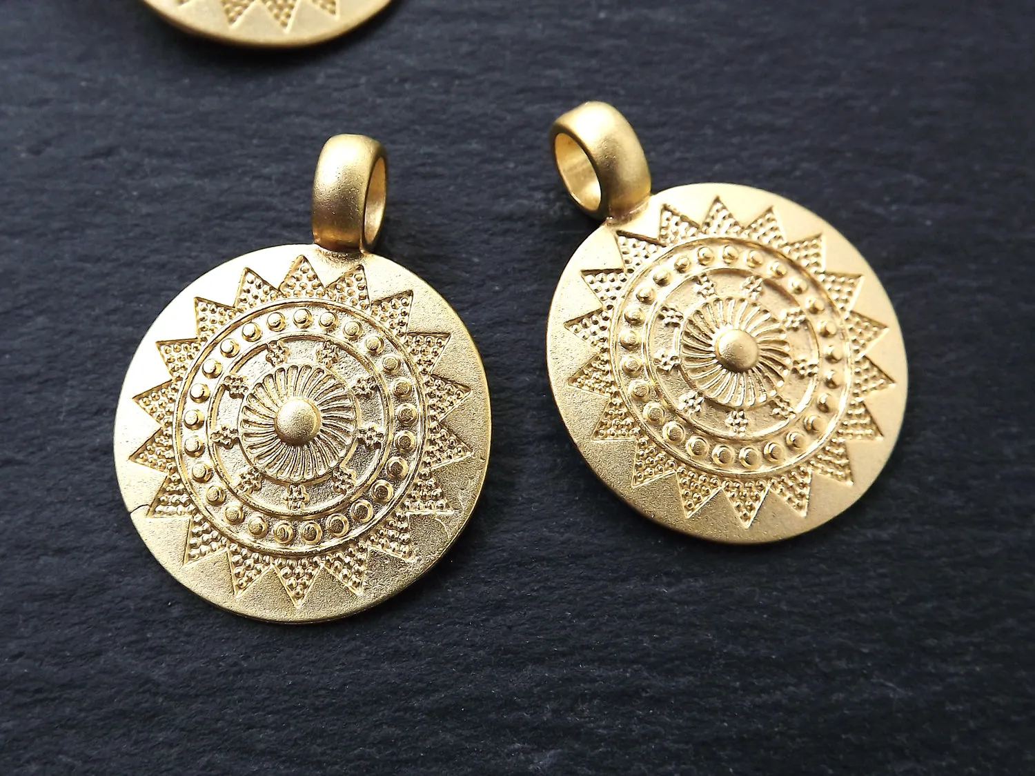 2 Medium Ethnic Sun Mandala Round Disc Pendants with Side Facing - 22k Matte Gold Plated