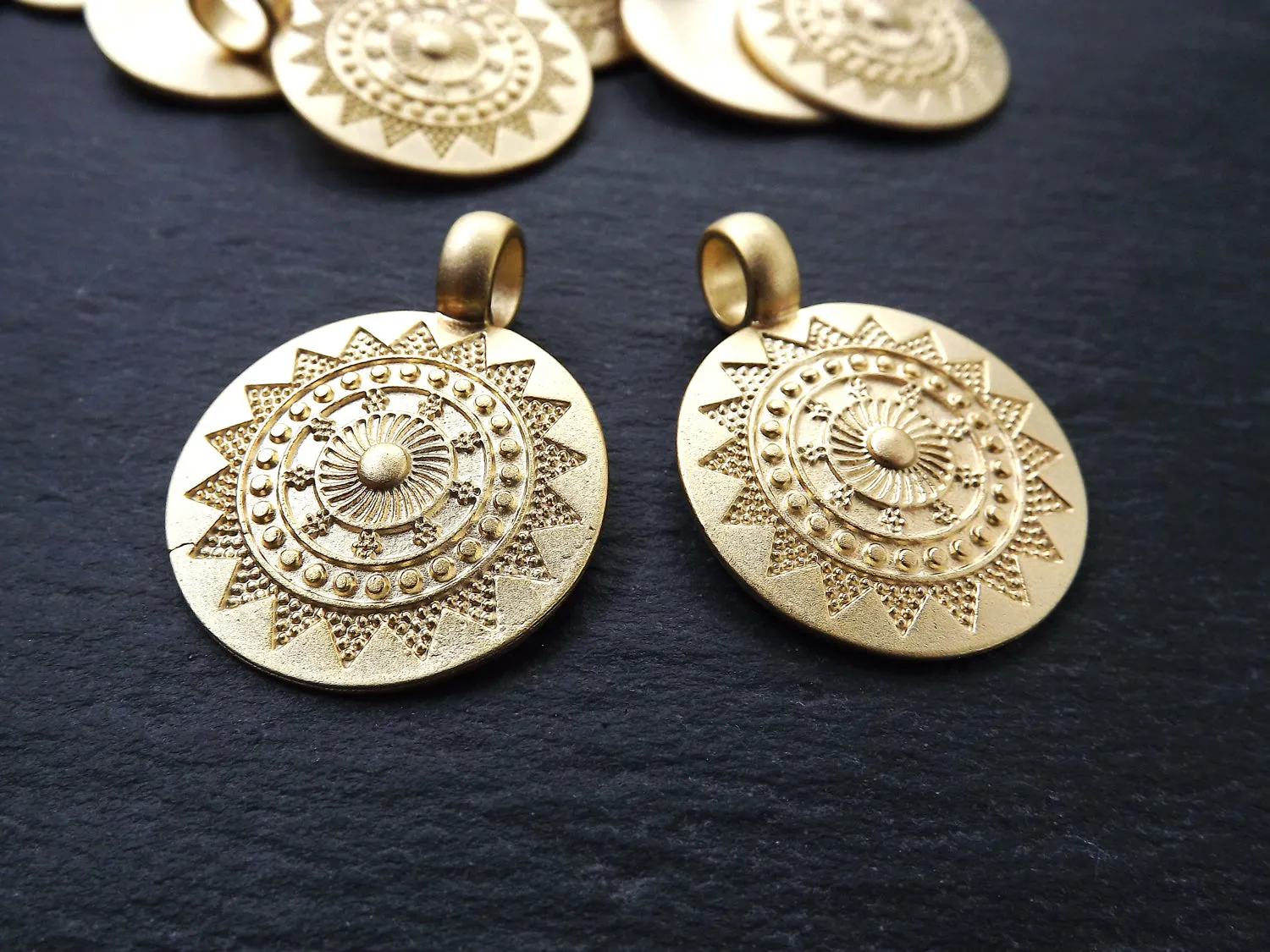 2 Medium Ethnic Sun Mandala Round Disc Pendants with Side Facing - 22k Matte Gold Plated