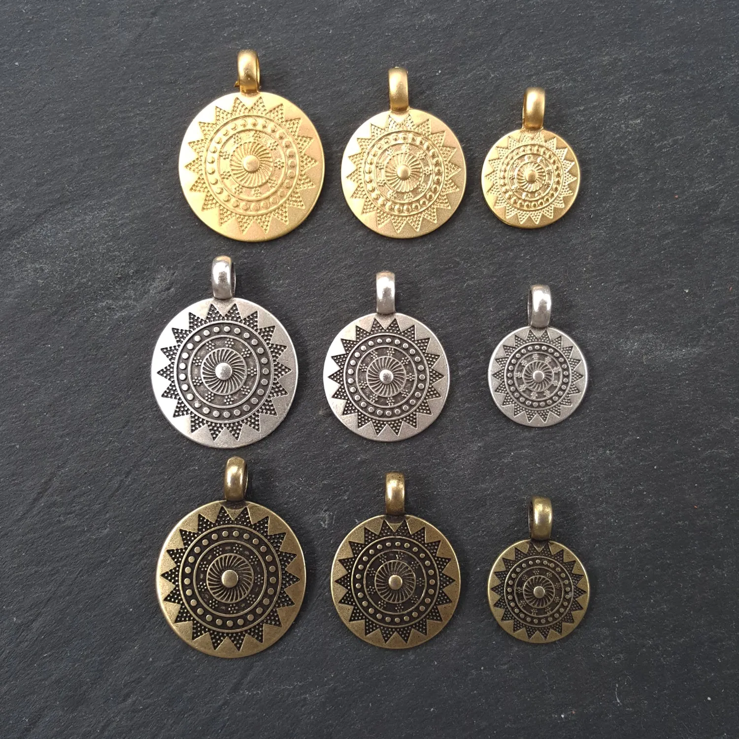 2 Medium Ethnic Sun Mandala Round Disc Pendants with Side Facing - 22k Matte Gold Plated