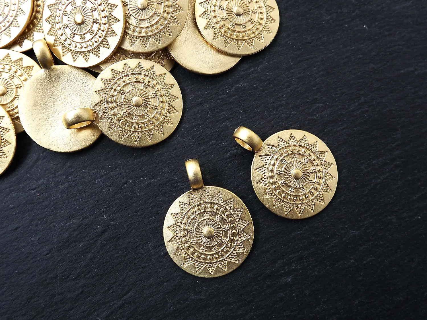 2 Medium Ethnic Sun Mandala Round Disc Pendants with Side Facing - 22k Matte Gold Plated