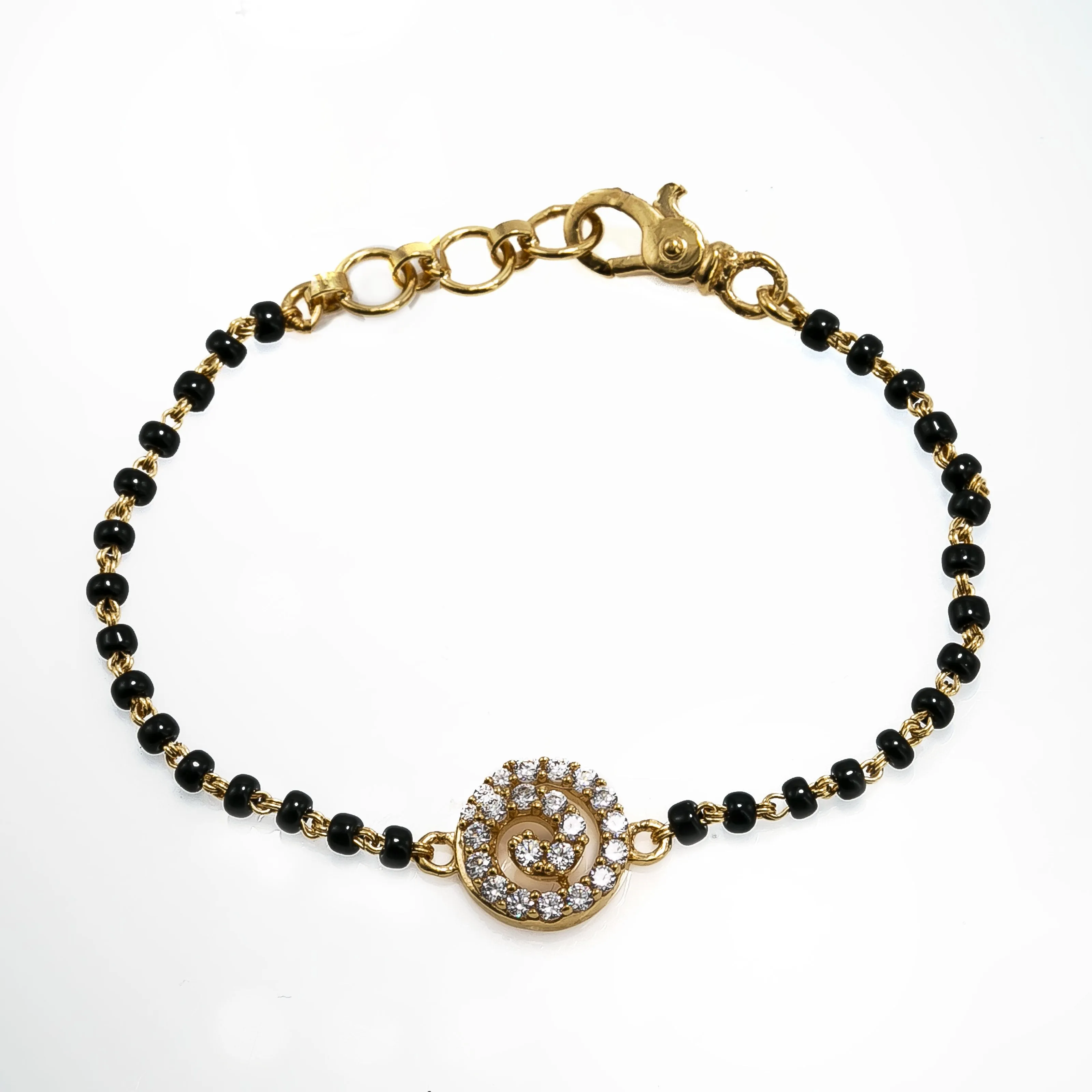 22K Yellow Gold Black Bead Bracelet W/ CZ Gems & Swirl Pendant
