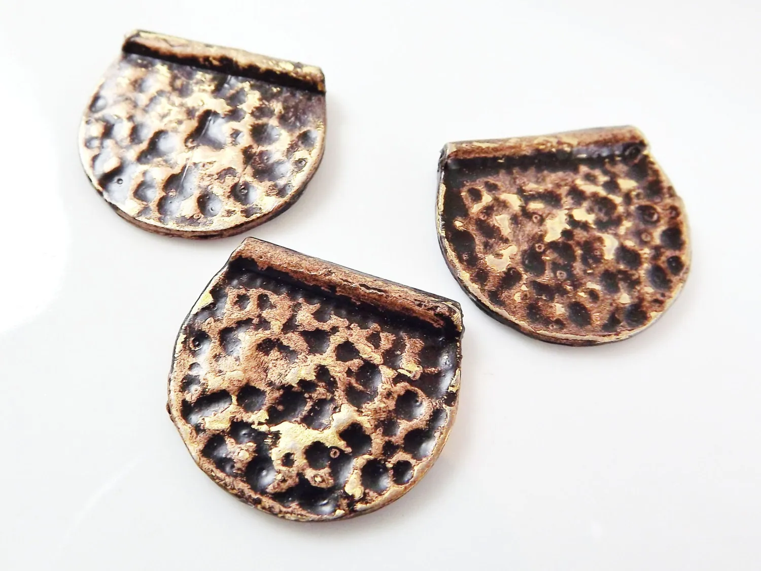 3 Black Bronze Gold  Patina Hammered Semi Circle Statement Spacer Bead Pendants