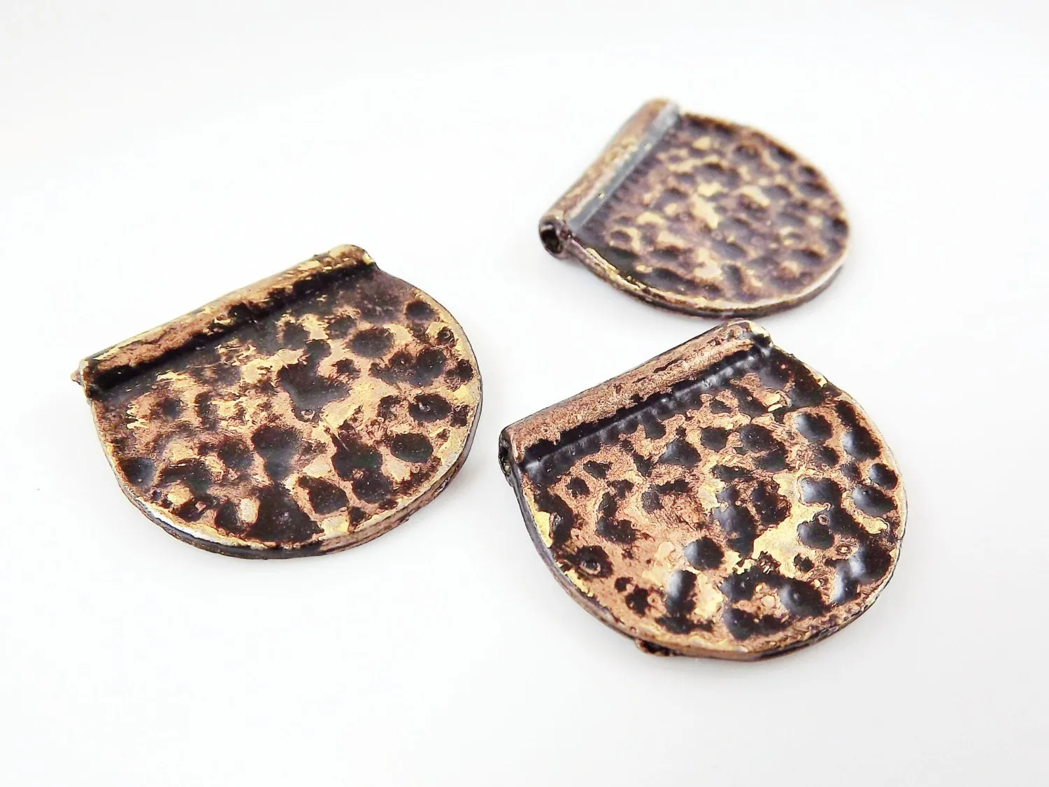3 Black Bronze Gold  Patina Hammered Semi Circle Statement Spacer Bead Pendants