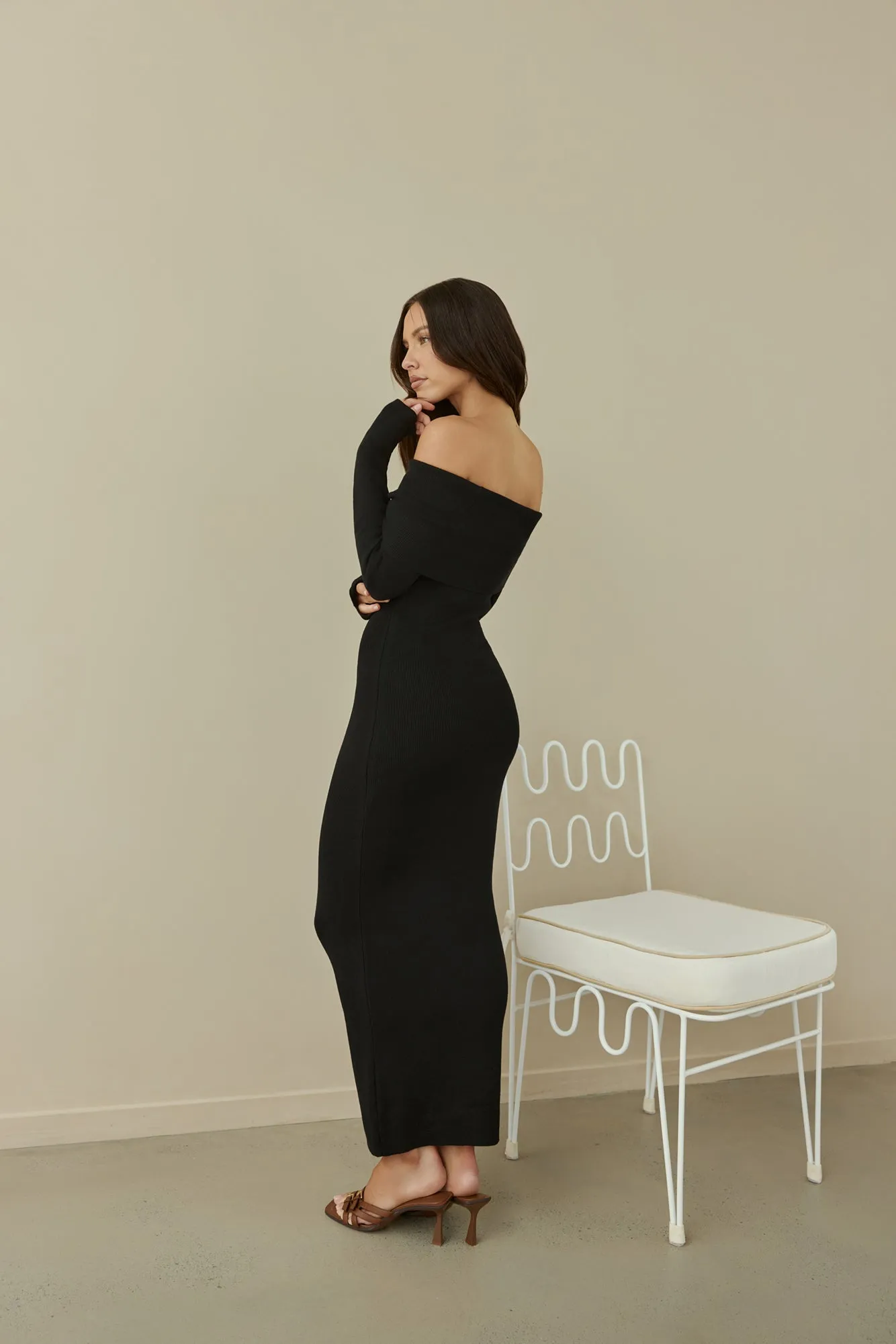 Angels Sing Off Shoulder Knit Maxi Dress Black
