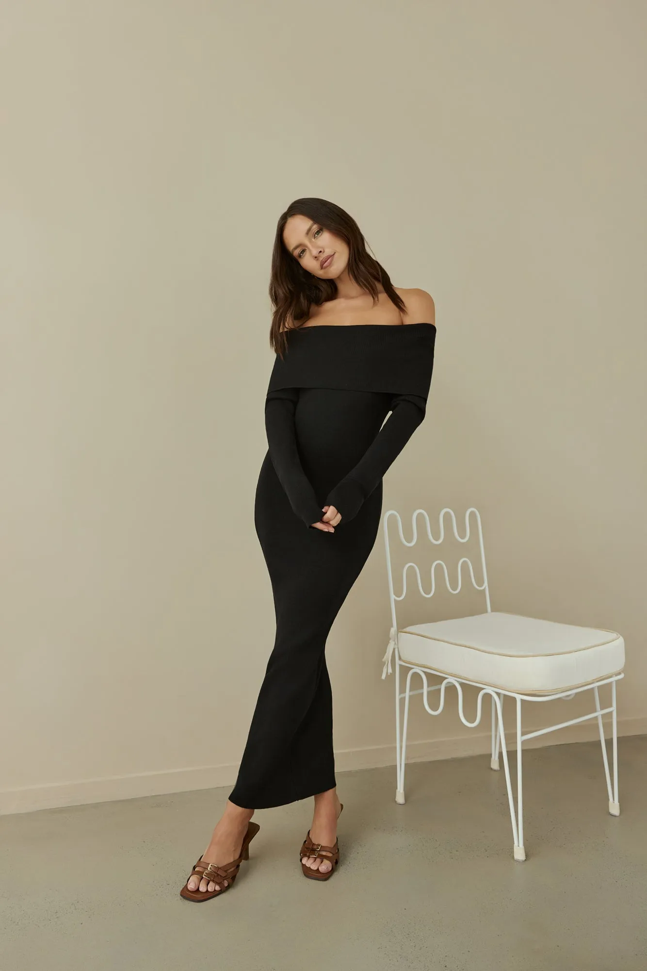 Angels Sing Off Shoulder Knit Maxi Dress Black