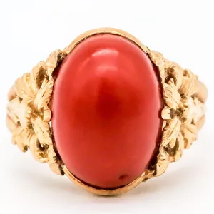 Antique 18K Gold Natural Oxblood Red Coral Ring - Size 6 1/2