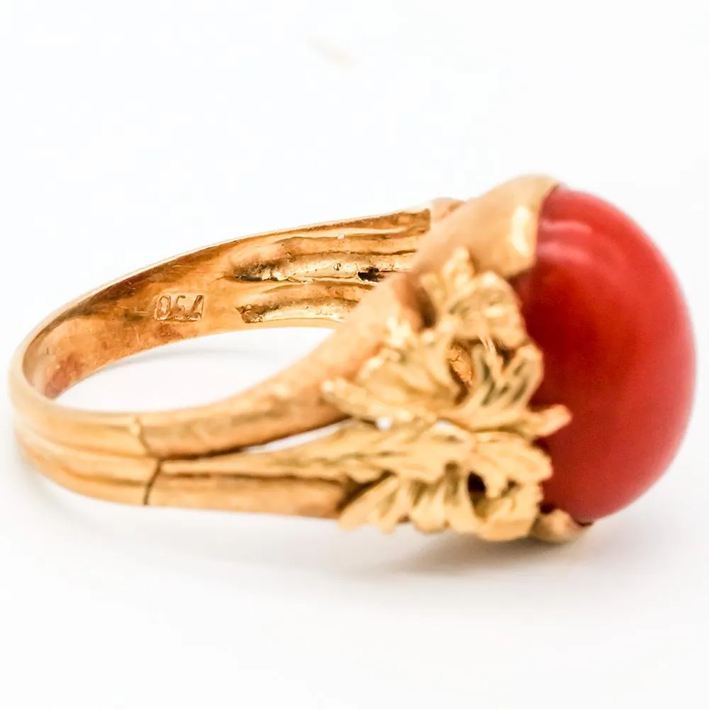 Antique 18K Gold Natural Oxblood Red Coral Ring - Size 6 1/2