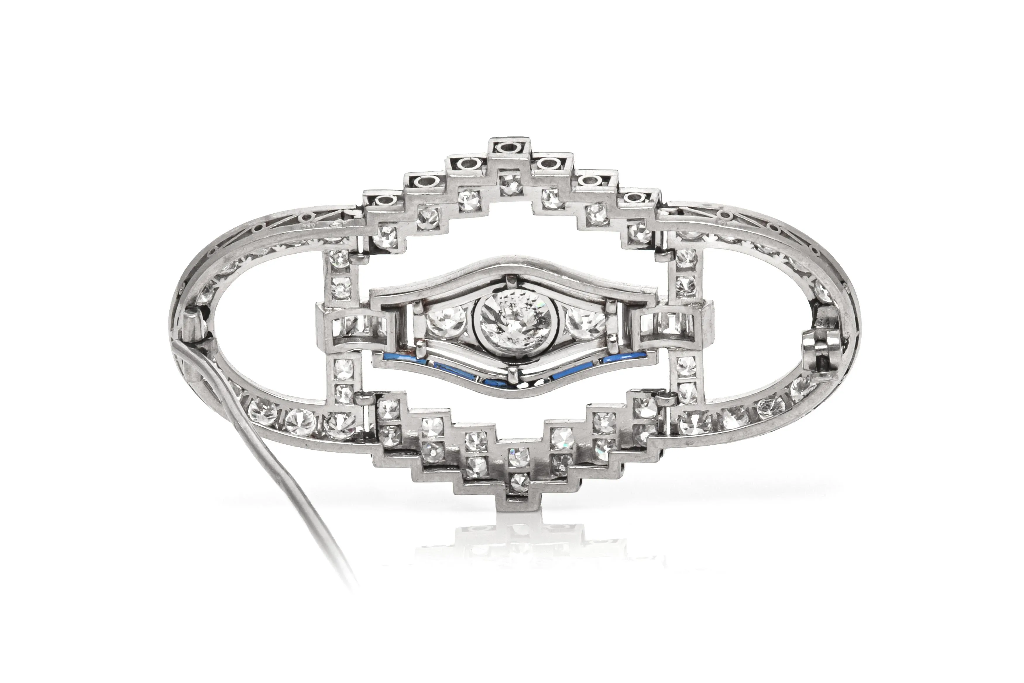Antique Art Deco 1920s 5.90 Carat Diamond Openwork Brooch with Sapphires