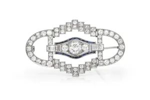Antique Art Deco 1920s 5.90 Carat Diamond Openwork Brooch with Sapphires
