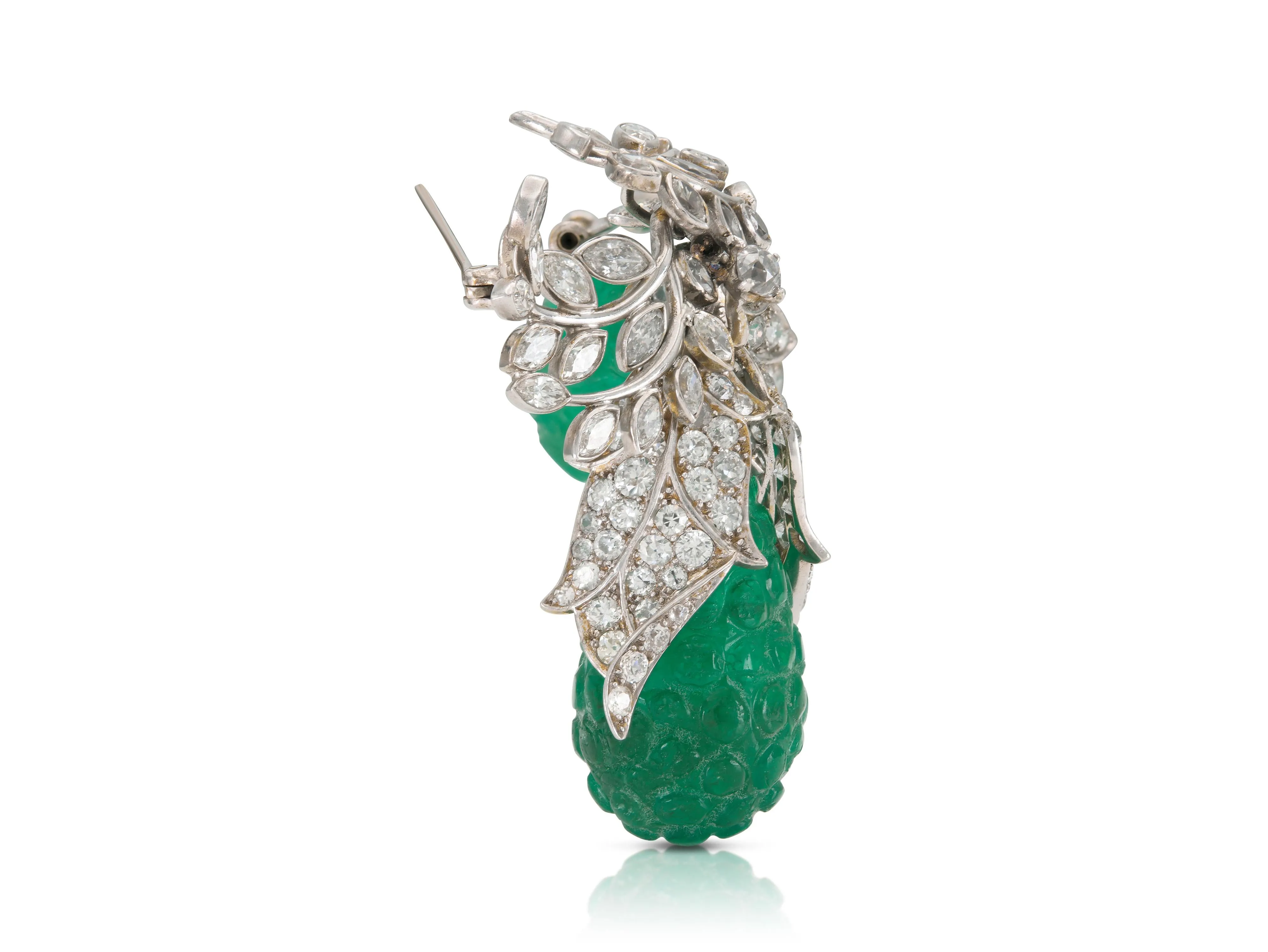 Antique Art Deco 1920s Carved Emerald & Diamond Fruit Brooch