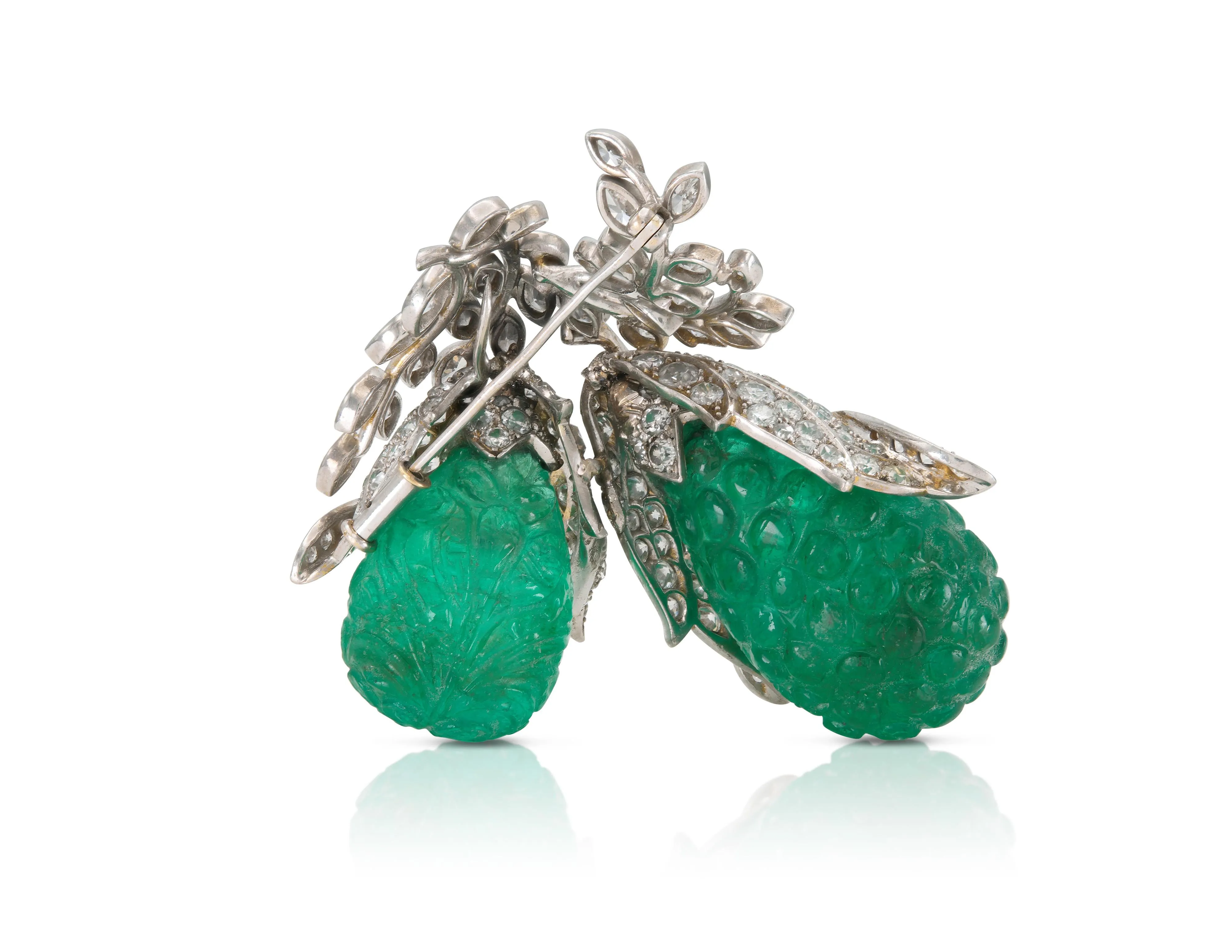 Antique Art Deco 1920s Carved Emerald & Diamond Fruit Brooch