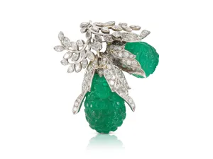 Antique Art Deco 1920s Carved Emerald & Diamond Fruit Brooch