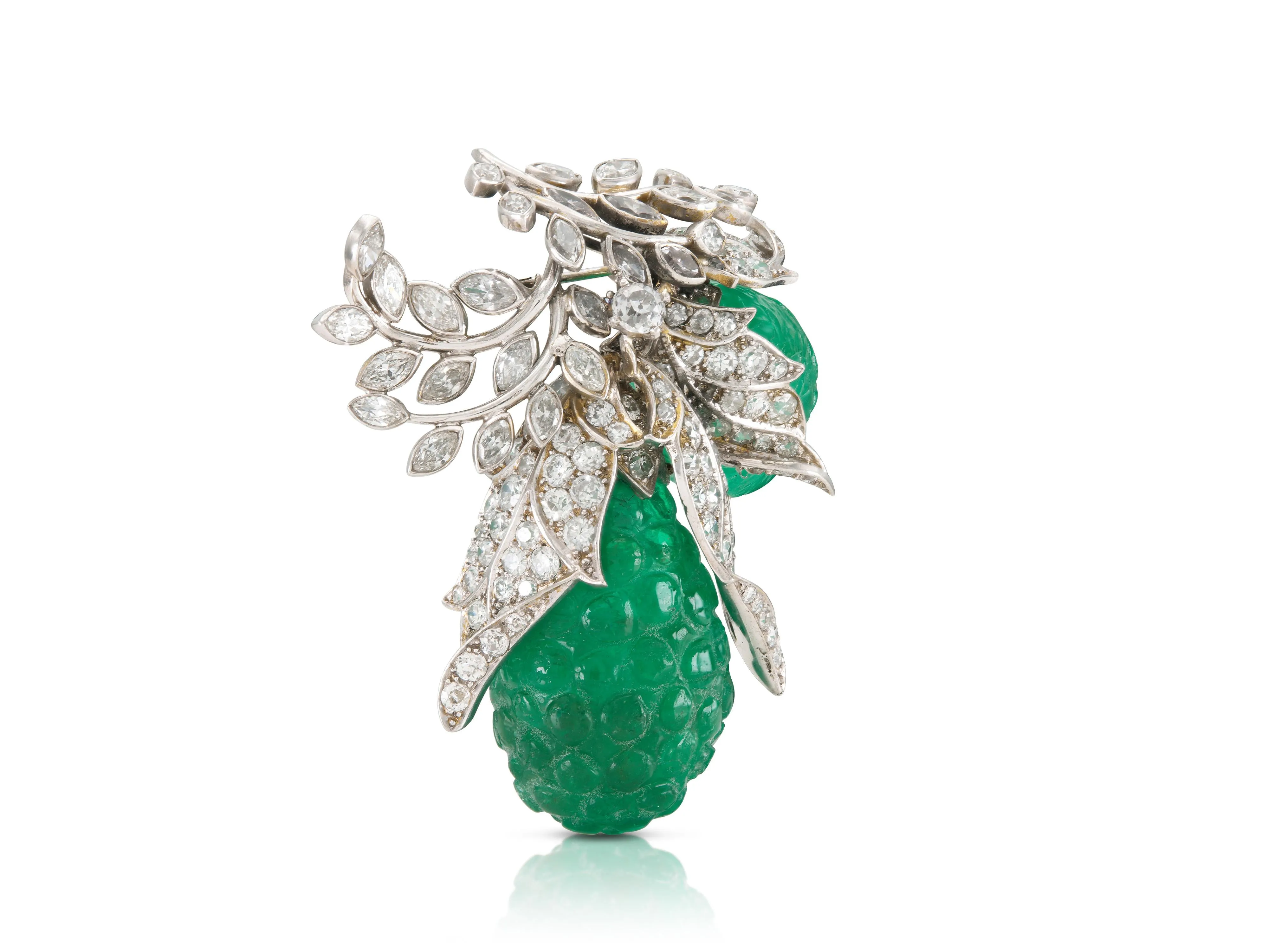 Antique Art Deco 1920s Carved Emerald & Diamond Fruit Brooch
