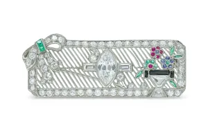 Antique Art Deco 1920s Multi-Gem Flower Pot & Ribbon Brooch