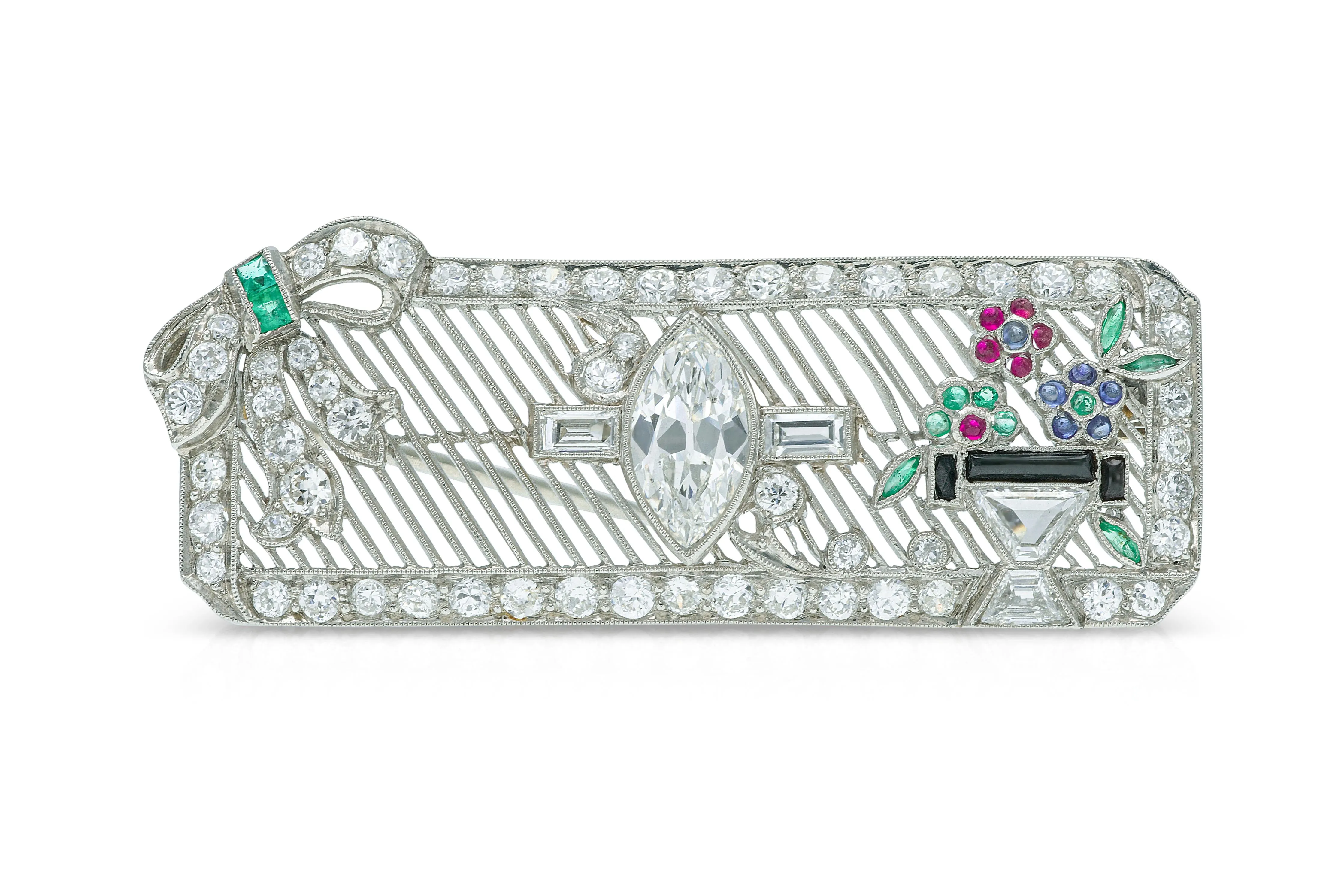 Antique Art Deco 1920s Multi-Gem Flower Pot & Ribbon Brooch