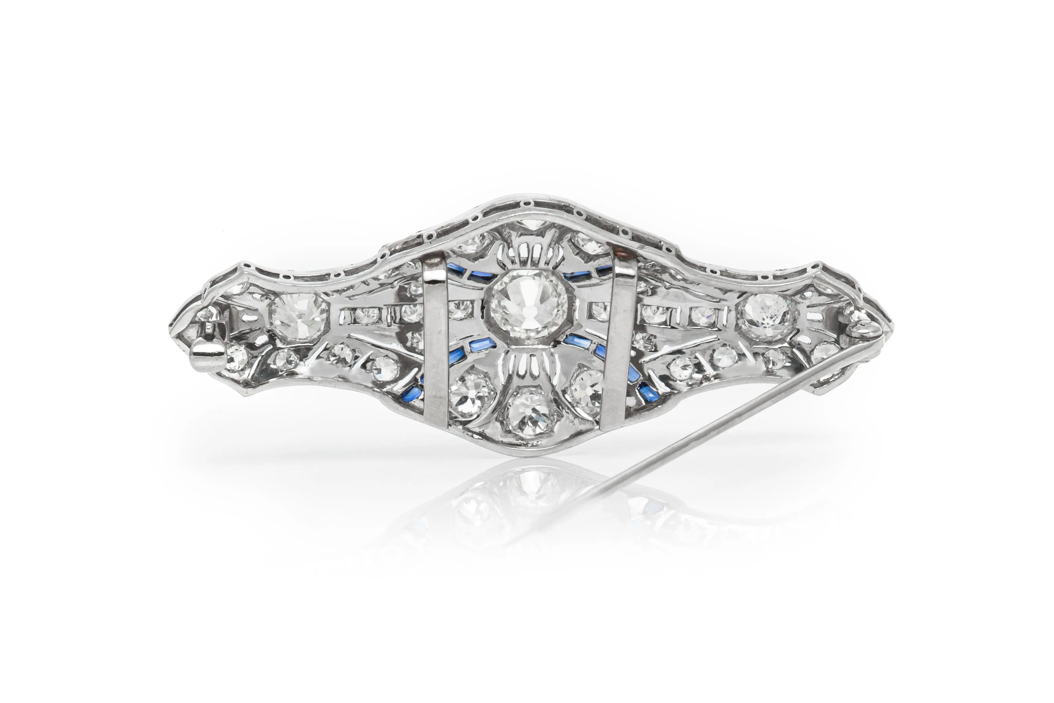 Antique Edwardian 1910s 5.60 Carat Diamond Brooch with Sapphires