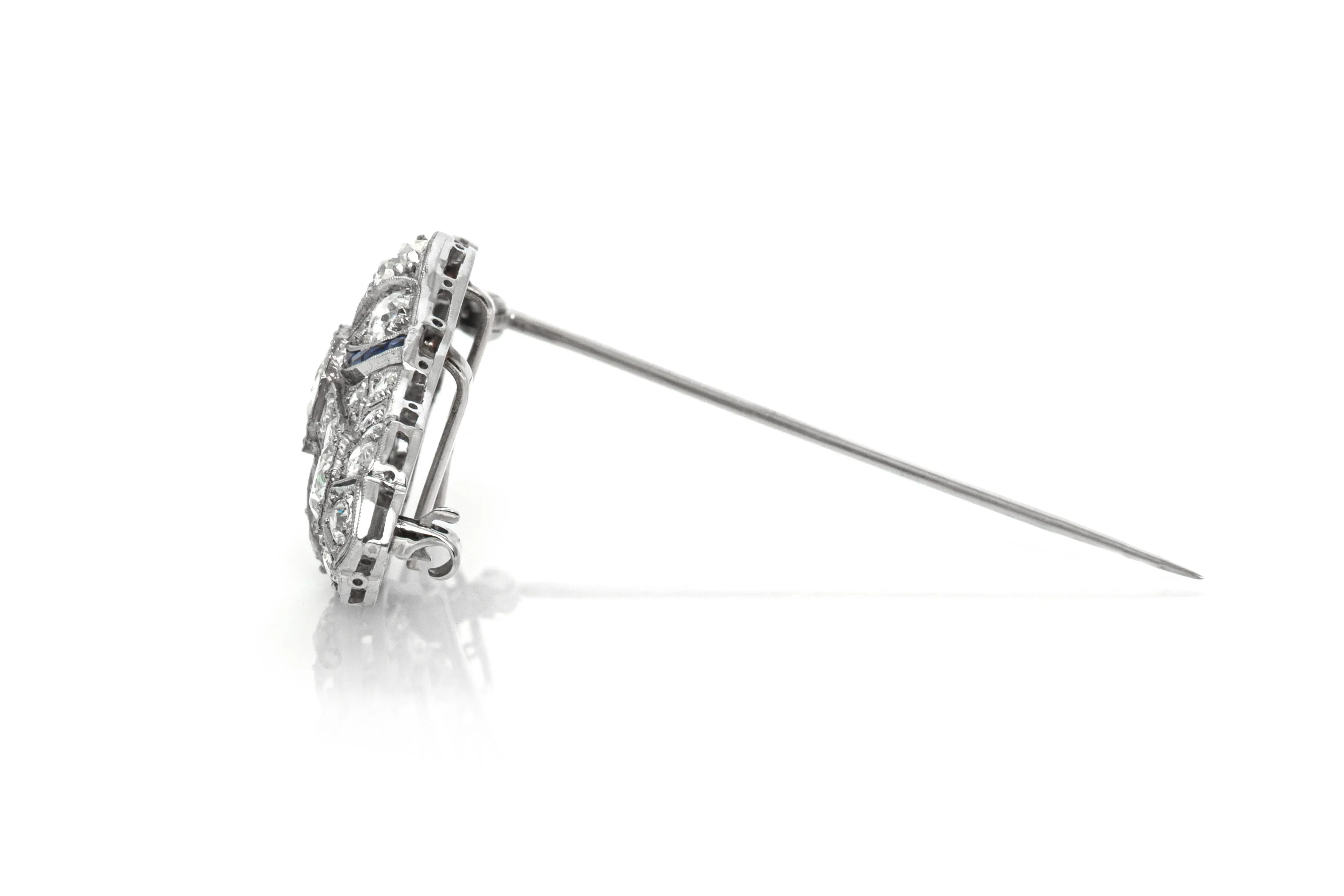 Antique Edwardian 1910s 5.60 Carat Diamond Brooch with Sapphires