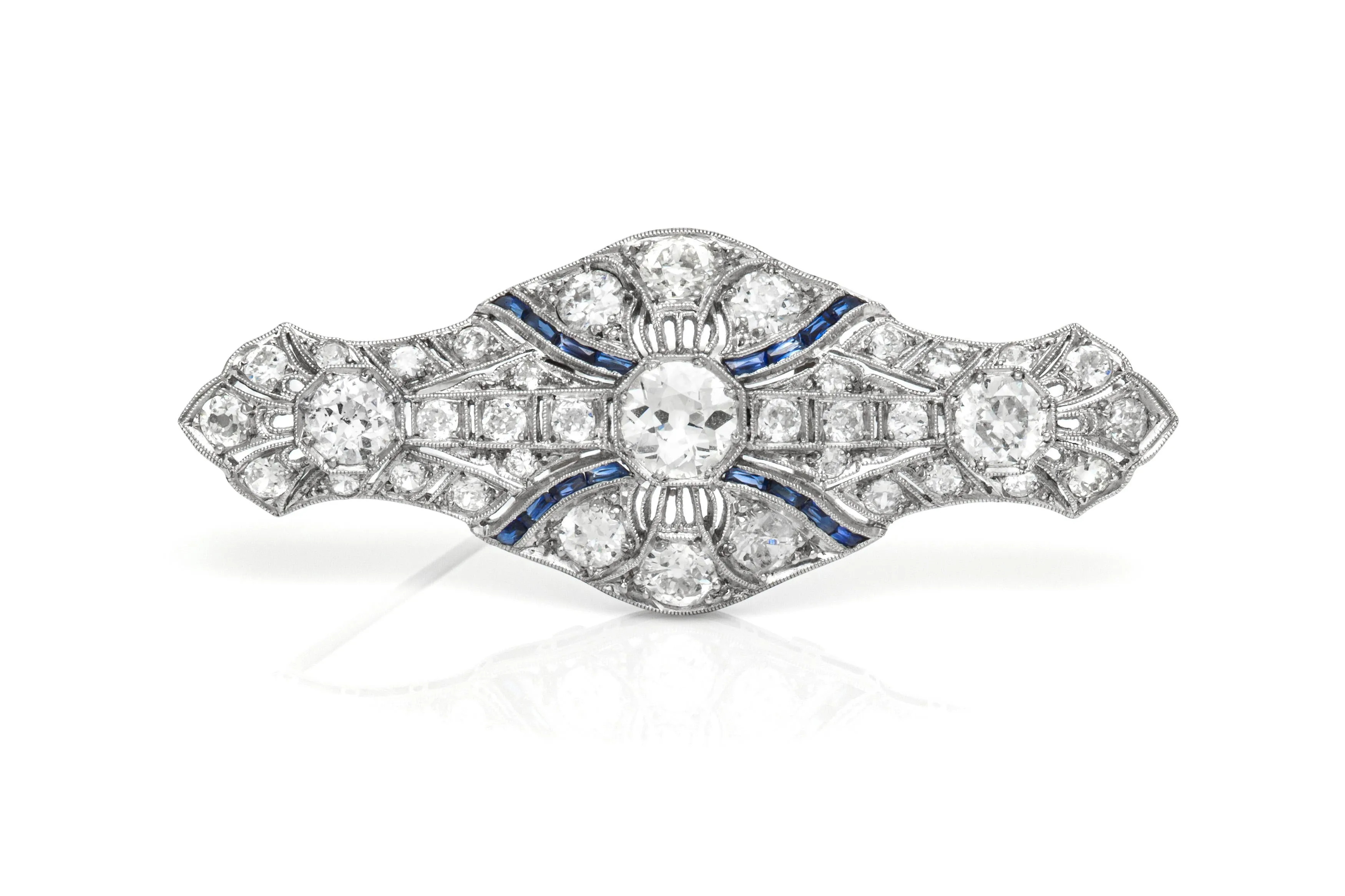Antique Edwardian 1910s 5.60 Carat Diamond Brooch with Sapphires