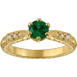 Art Deco Emerald and Diamond Engagement Ring in Yellow Gold