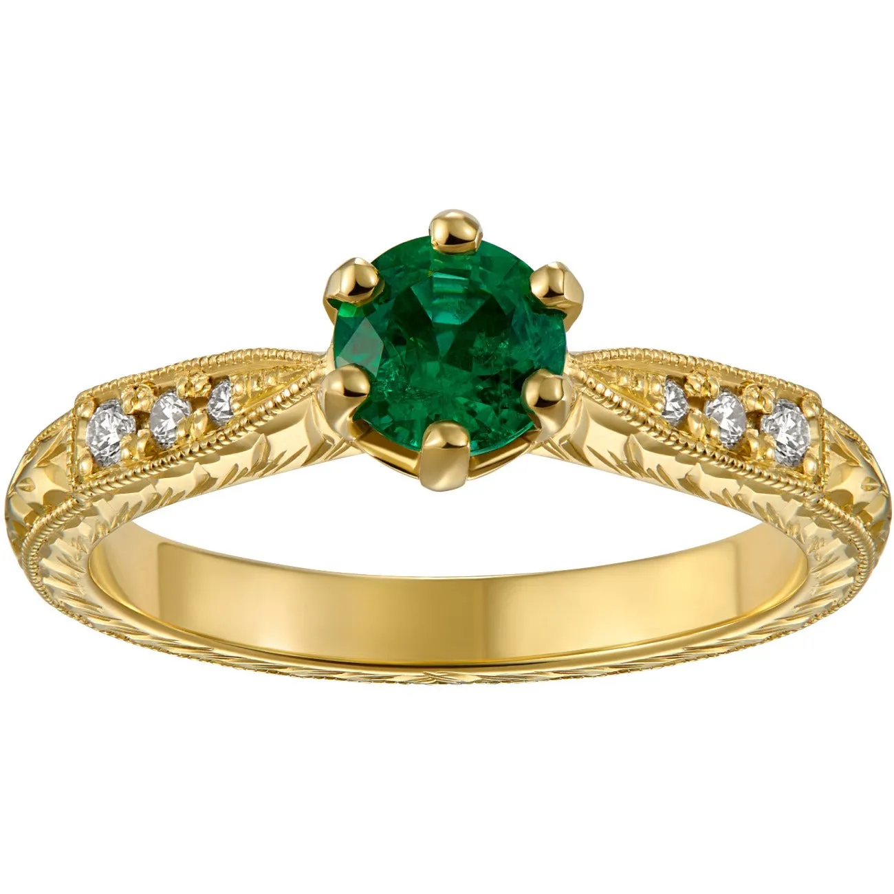 Art Deco Emerald and Diamond Engagement Ring in Yellow Gold