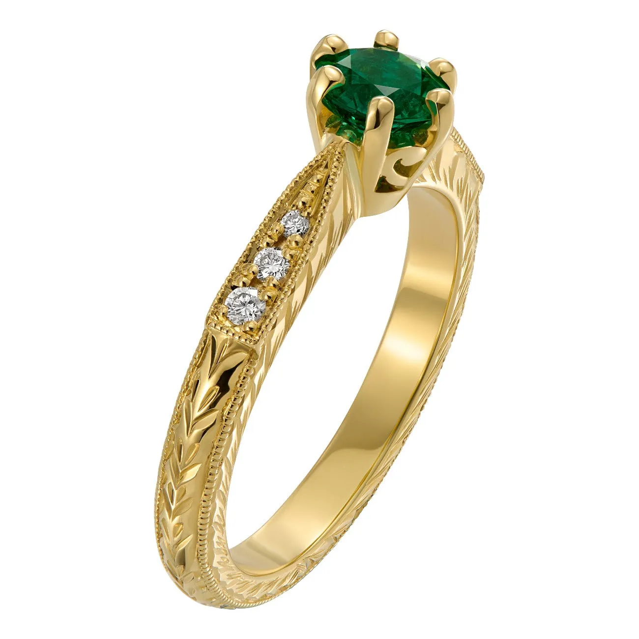 Art Deco Emerald and Diamond Engagement Ring in Yellow Gold