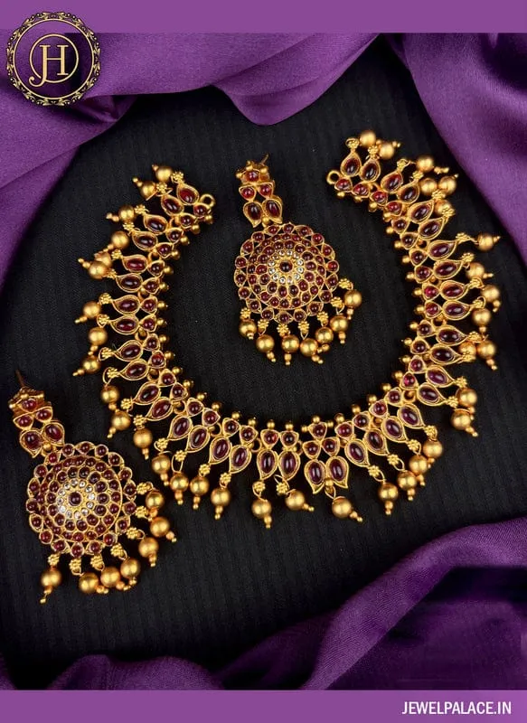 Attractive Gold Plated Kemp Stone Matte Necklace With Matching Earrings JH2648