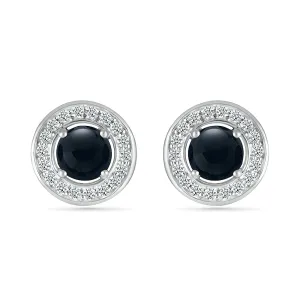 Black Onyx and 1/4ctw Diamond Halo Sterling Silver Stud Earrings