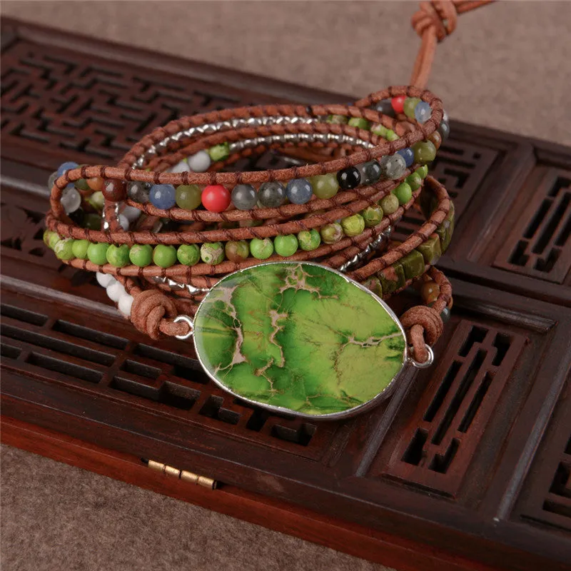 Boho Chic 5 Strand Leather Wrap Beaded Bracelet