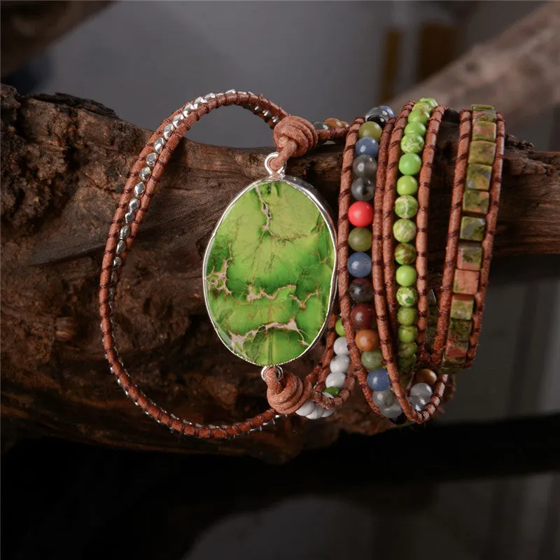 Boho Chic 5 Strand Leather Wrap Beaded Bracelet