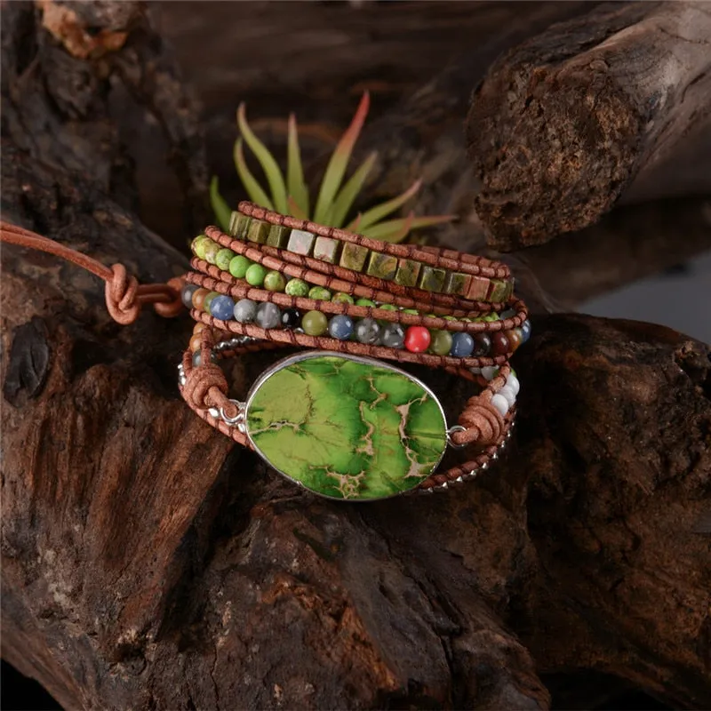 Boho Chic 5 Strand Leather Wrap Beaded Bracelet