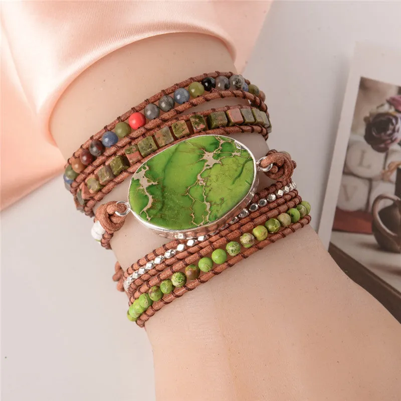 Boho Chic 5 Strand Leather Wrap Beaded Bracelet