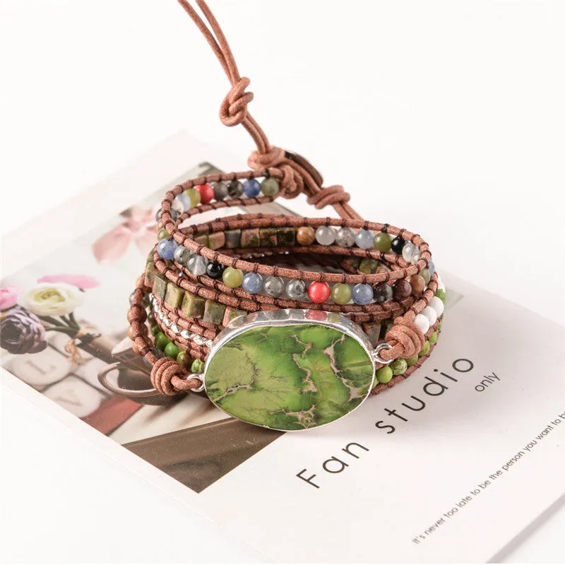 Boho Chic 5 Strand Leather Wrap Beaded Bracelet