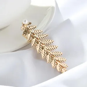 Bridal Golden Leaves Hairpin Brooch With Simulated Pearl